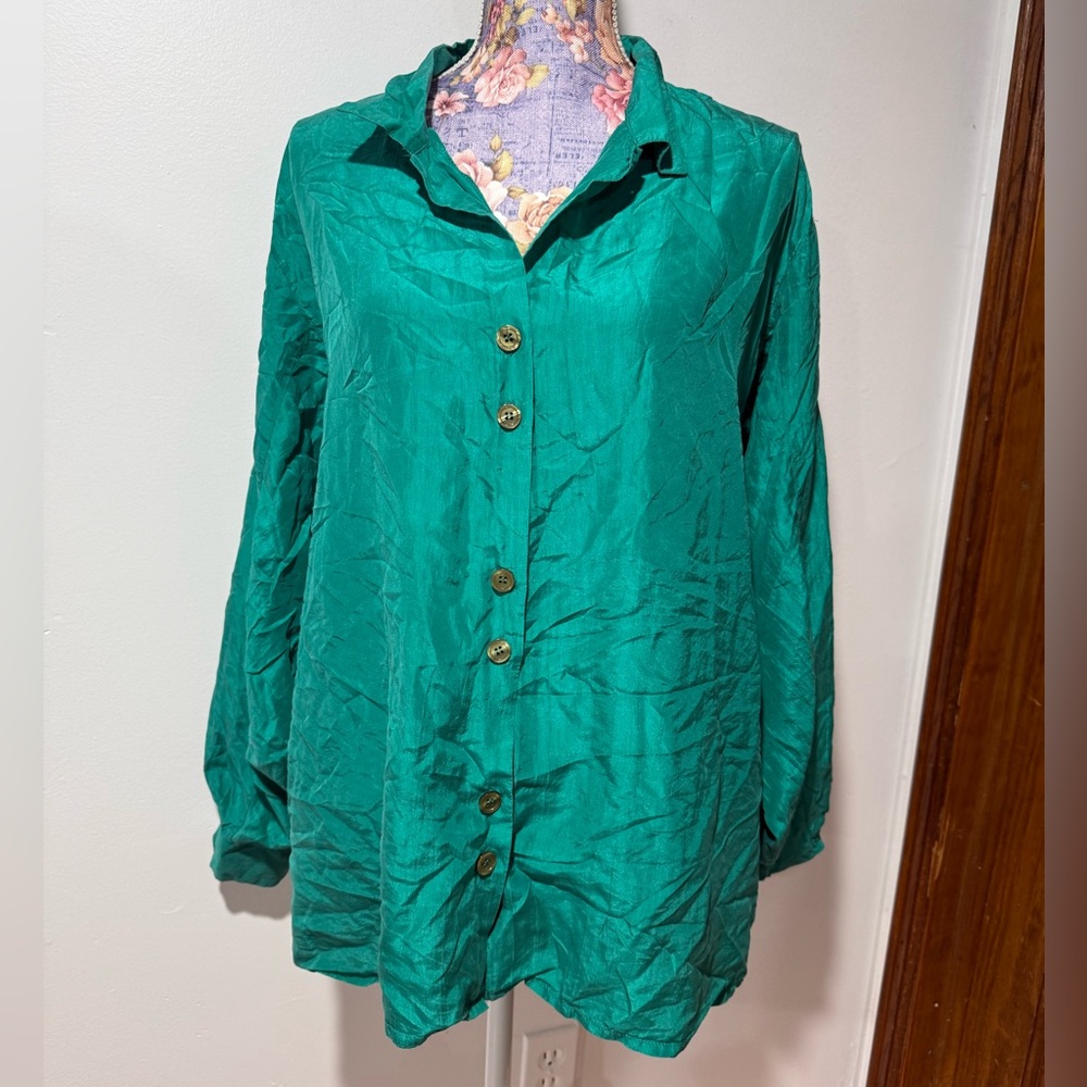 Vintage Elegant Teal Button-Down Women's 100% Silk Shirt